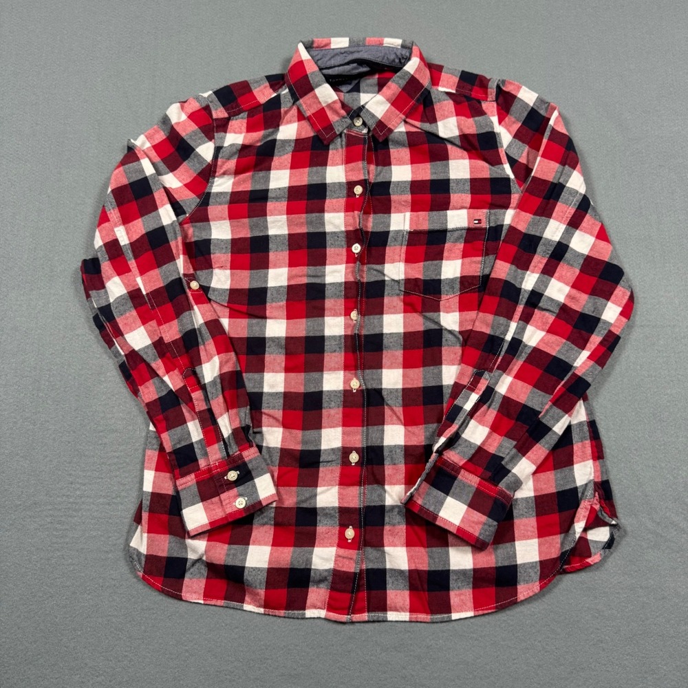 Tommy Hilfiger Womens Red Navy Plaid Button Down Shirt Roll Tab Sleeve Small